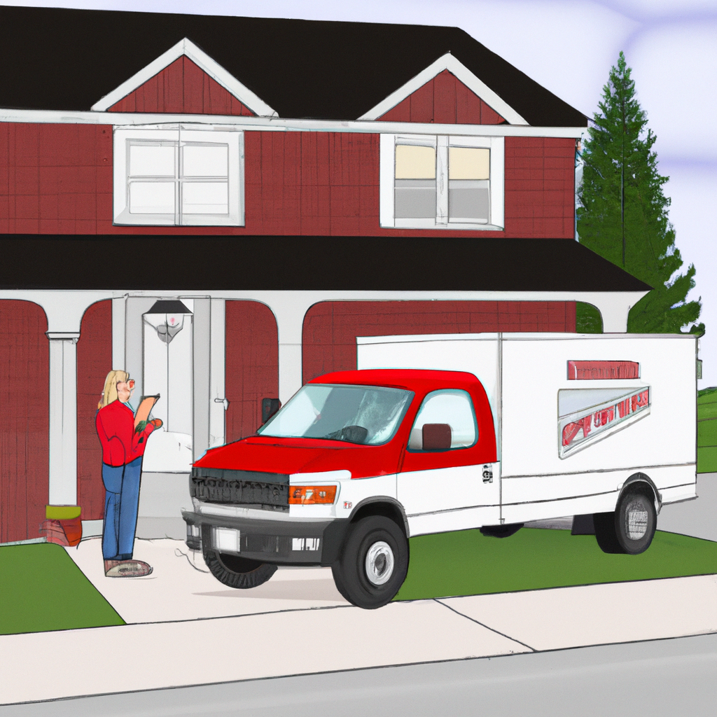 An image that showcases a Canada Post delivery truck parked in front of a charming suburban house, with a mail carrier cheerfully handing over a package to a delighted customer on their doorstep