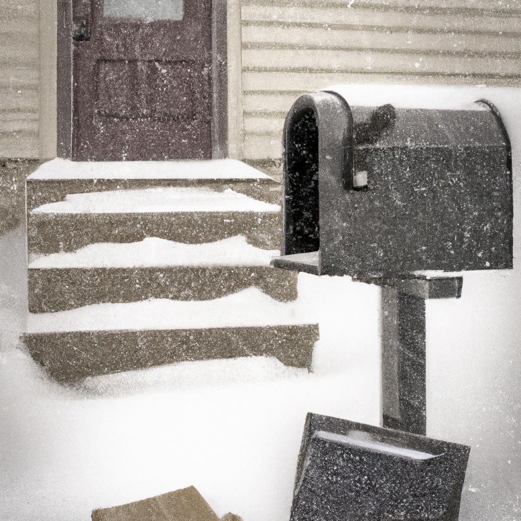 An image that depicts a desolate doorstep on a snowy Canadian landscape, with a mailbox overflowing with undelivered packages