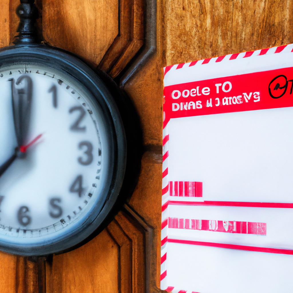 An image featuring a red Canada Post delivery notice slip, placed on a wooden doorstep, with a clock showing 13:00 in the background, symbolizing tomorrow's scheduled delivery