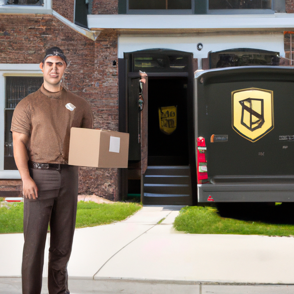 An image showcasing a UPS delivery driver standing at a front door, holding a package, with a recognizable UPS delivery truck parked nearby, emphasizing the convenience and reliability of UPS delivering packages directly to one's doorstep