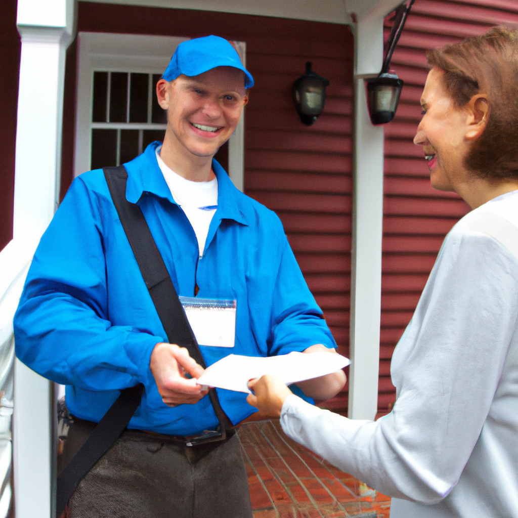 An image of a USPS mail carrier in their blue uniform, standing at a front door, handing over a package to a smiling homeowner