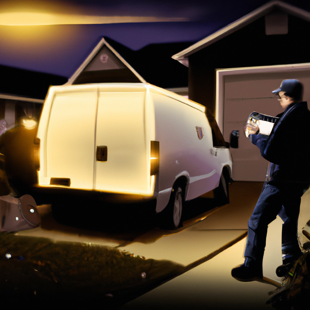 An image showcasing a dimly lit suburban street at dusk, with an Ontrac delivery van parked at the curb