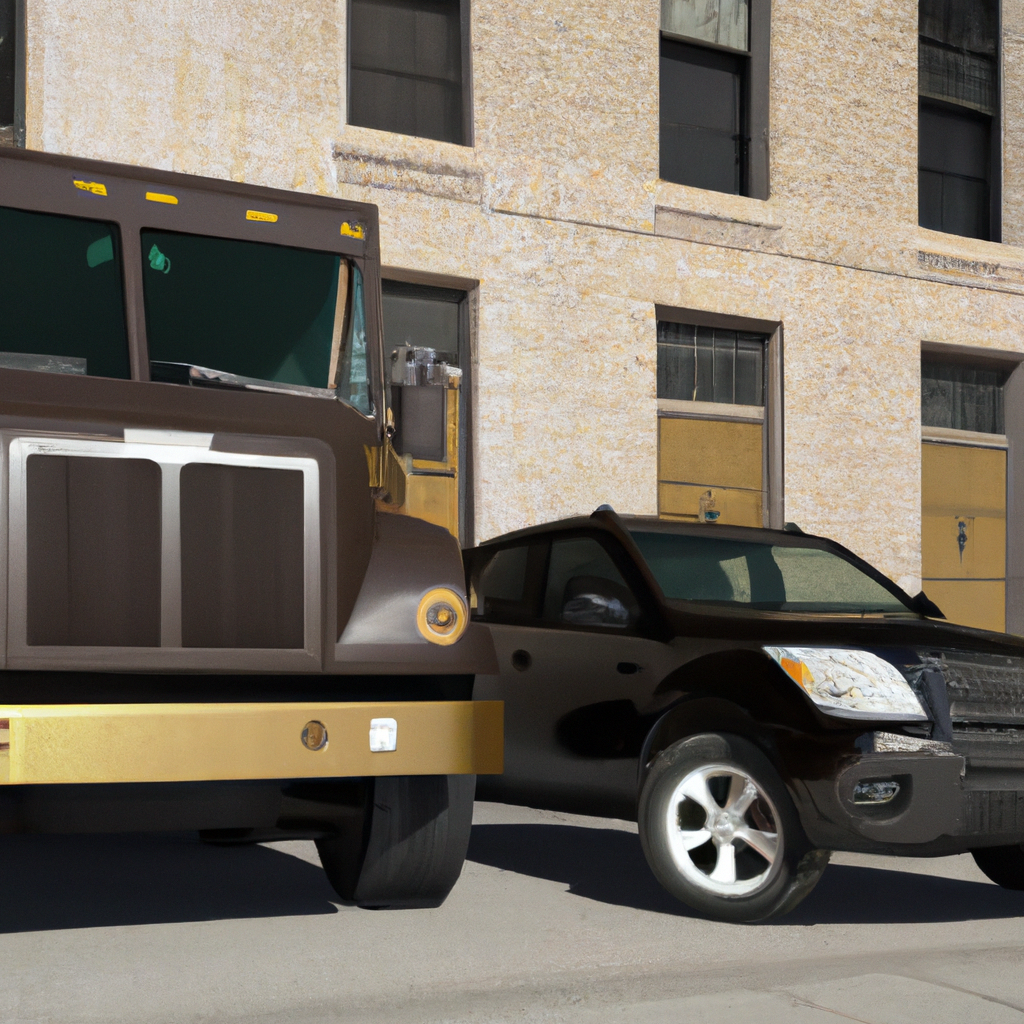 An image featuring a towering UPS truck parked next to an average-sized car on a city street
