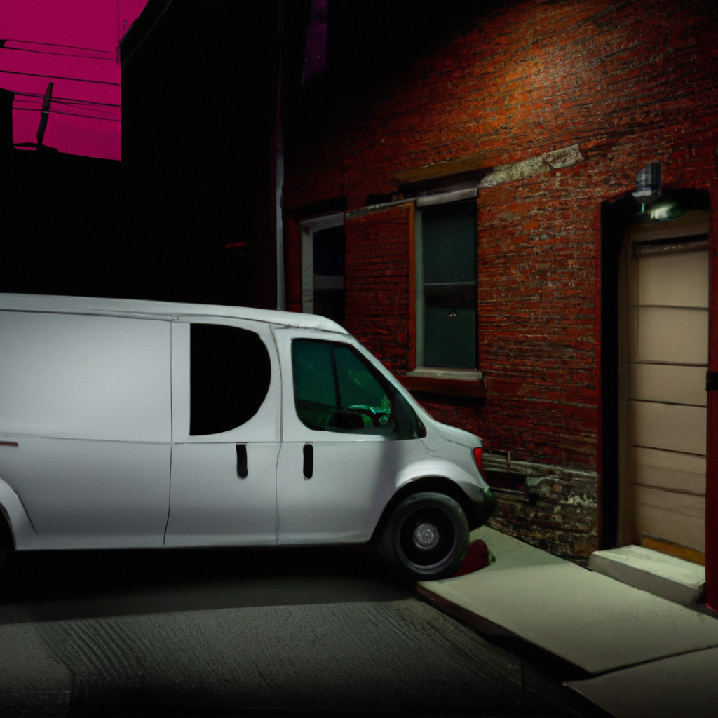 An image showcasing an Ontrac delivery van parked in a dimly lit alley, with a sneaky figure discreetly removing packages from the vehicle's cargo area, capturing the essence of Ontrac package theft
