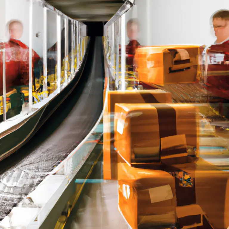 An image that showcases a package being loaded onto a conveyor belt at a bustling UPS Mail Innovations facility
