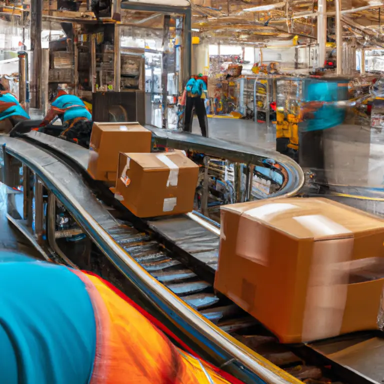 An image showcasing a bustling delivery depot, with workers in vibrant uniforms swiftly sorting parcels onto conveyor belts