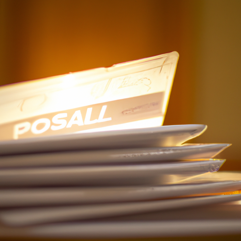 An image showcasing a neatly organized stack of mail envelopes, adorned with Postscan Mail's logo, as sunlight filters through a nearby window, casting a warm glow on the scene