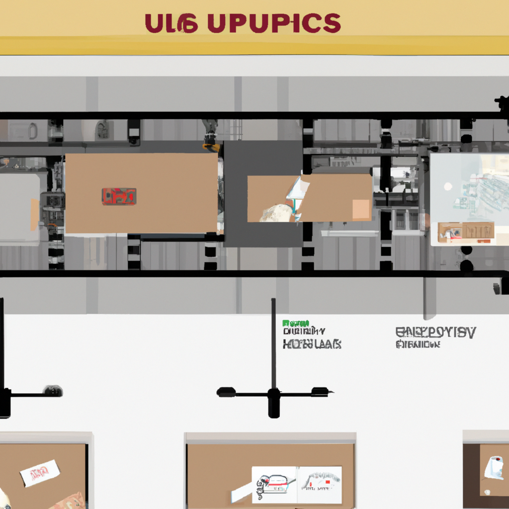 An image showcasing the process of UPS Mail Innovations receiving shipment information: a bustling warehouse with employees scanning packages, a conveyor belt filled with parcels, and a digital tracking system displaying real-time updates