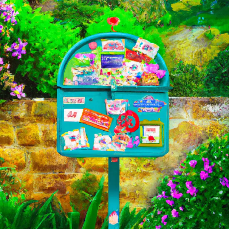 An image of a vintage mailbox painted in vibrant colors, adorned with travel-themed stickers and postcards from around the world