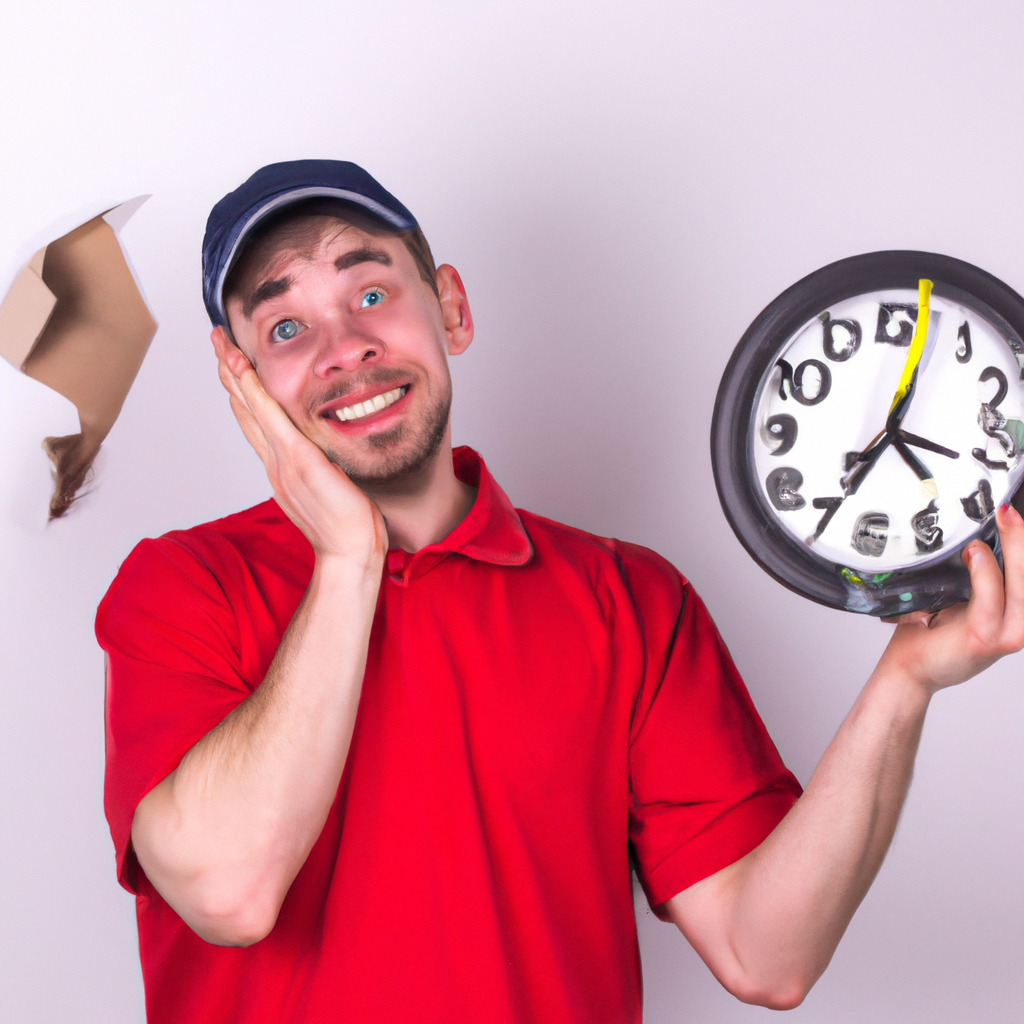 An image of a frustrated customer waiting for a package, holding a broken clock indicating the delay
