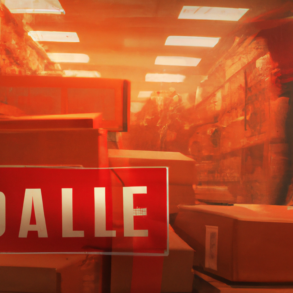 An image capturing a dimly lit warehouse filled with rows of packages stacked haphazardly, while a lone employee frantically rushes to sort them amidst chaotic conveyor belts and signs indicating "Delayed" in bold red letters