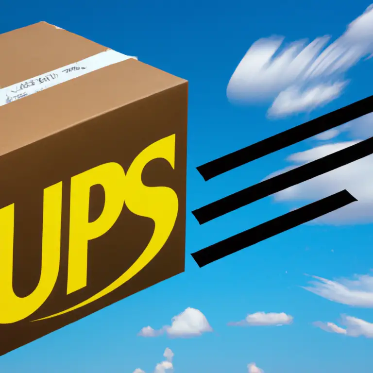 An image showcasing the speed and reliability of UPS Next Day Air Saver: A package, adorned with the UPS logo, soars effortlessly through a vibrant sky, leaving a trail of motion lines behind, as it approaches a recipient's doorstep