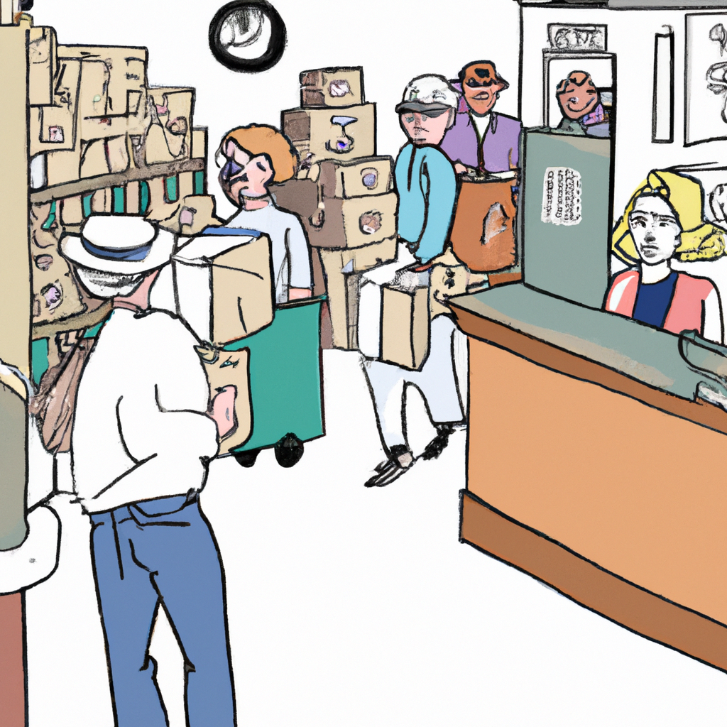 An image capturing a bustling local post office scene: a line of people eagerly awaiting their turn, mail carts filled with packages, postal workers sorting parcels, and a cheerful atmosphere filled with anticipation