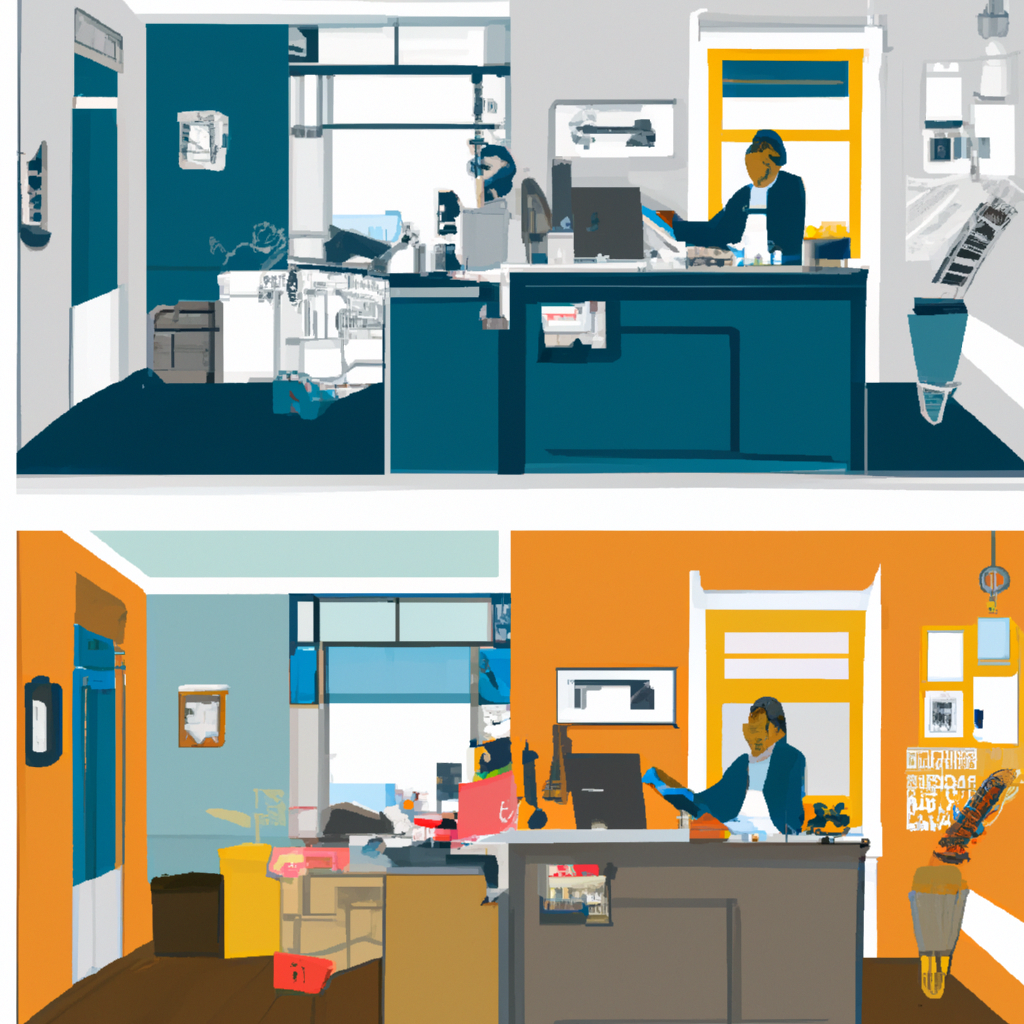 An image displaying two contrasting scenes: a bustling office with professional staff and packages, representing USPS Business Account, alongside a cozy home office with a person handling mail, reflecting USPS Personal Account
