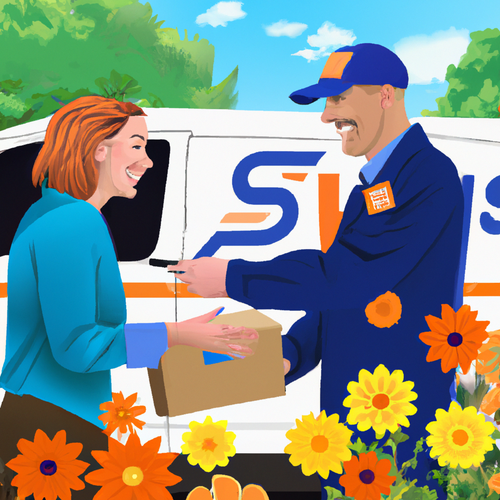 An image showcasing a cheerful postal worker handing over a package to a delighted customer, surrounded by vibrant, blooming flowers