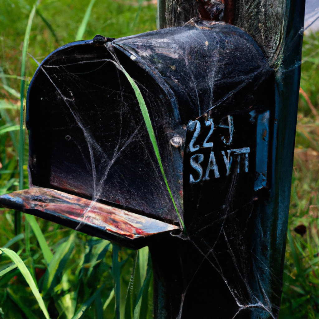An image that captures the frustration of a homeowner with a USPS notice on their mailbox, showcasing a desolate and neglected mailbox covered in cobwebs, surrounded by overgrown grass, and a sense of abandonment